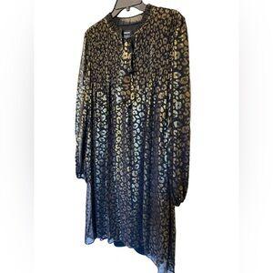 DKNY shimmery party dress, sheer, black with gold animal print, 14, runs big